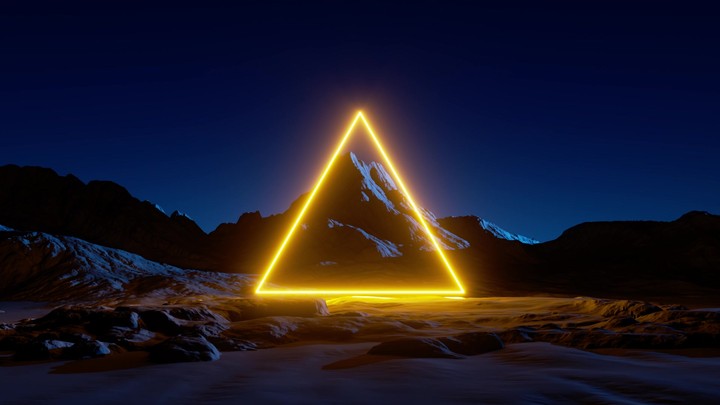 3d video of a yellow neon triangle glowing over the futuristic scenery. Rocky mountain under the night sky. Fantastic panoramic landscape