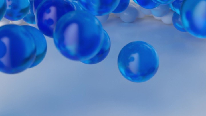 animated 3d background. Transformation and disappearing of particles. Solid white balls transform into blue glass bubbles and fly away. Innovative technology concept