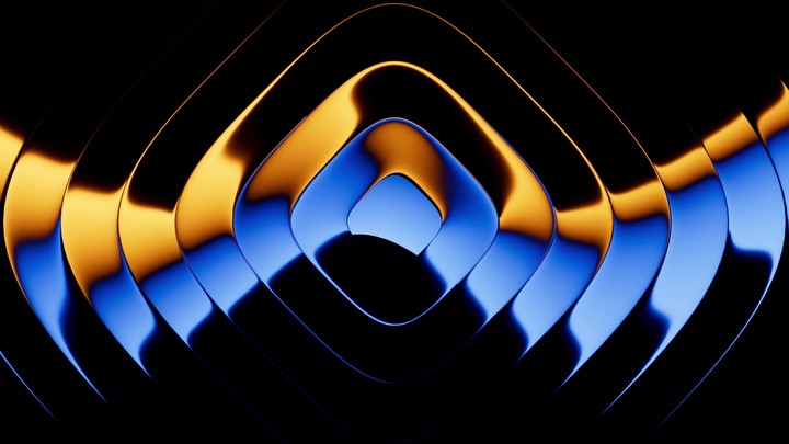 Looping 3D animation. Abstract minimalist background with reflection. Blue and yellow gradient transforms and changes colors inside the rounded geometric shapes