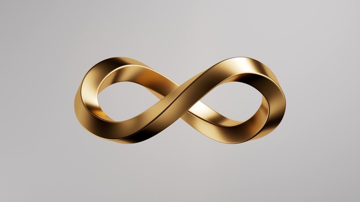 Seamless looping 3D animation of a gold metallic Möbius strip forming an infinity symbol. Futuristic abstract design, perfect for tech, science, and philosophical concepts