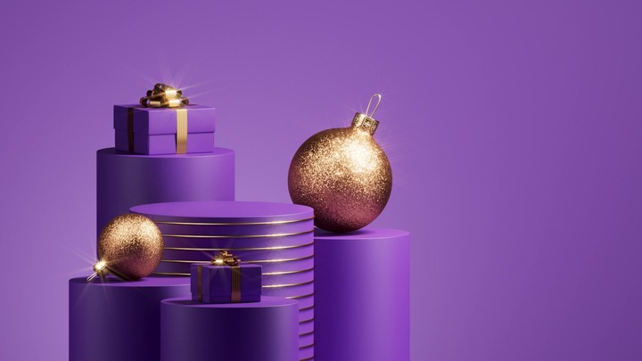 The camera makes a smooth orbit around podiums, gift boxes, and gold baubles on a purple background, revealing shine and depth. 3d render animation.