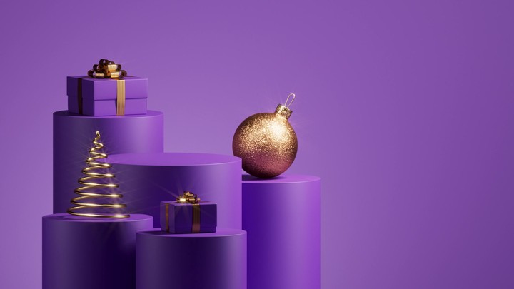 A graceful camera fly‑around showcases tiered podiums with gifts and baubles, highlighting details and glints. 3d render animation.