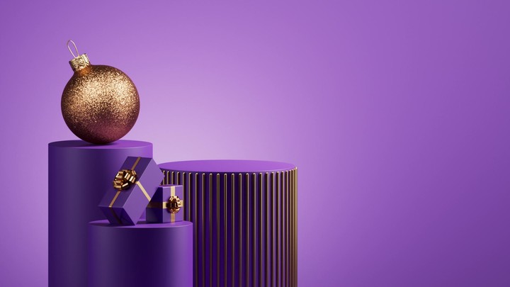Presents and shimmering baubles jump up from the bottom and assemble on tiered podiums, forming a neat final setup. Stylish seasonal background. 3d render animation.