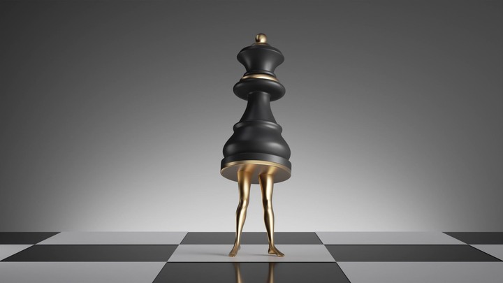 Stylish 3D queen chess figure with golden legs dancing on chessboard, funny surreal animation perfect for viral content, memes, and creative stock videos.