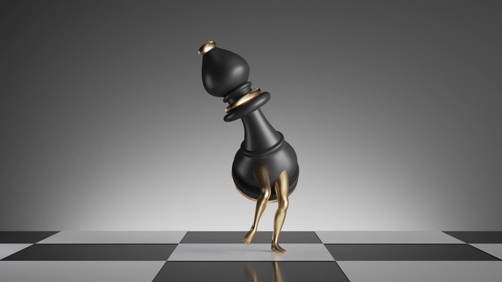Animated 3D bishop chess piece with shiny golden legs dancing, surreal and funny loop ideal for ads, memes, comedy, and creative stock video projects.