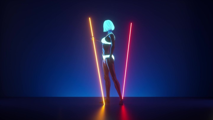 animated 3d background. Glossy woman mannequin spinning on stage of a night club, illuminated with neon light. Fashion motion design