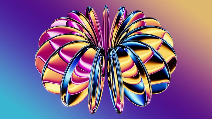 3D glass ribbon bow pulses with refracted color gradients, producing glossy festive highlights in a seamless loop.