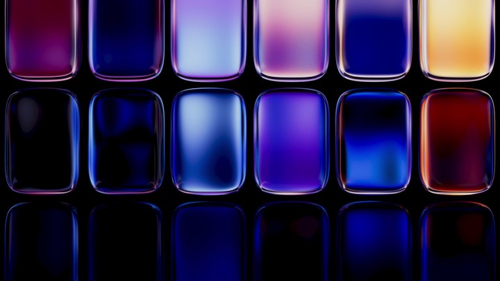 Rectangular glass blocks alternate warm and cool gradients, mimicking modern stained glass in slow animated motion.