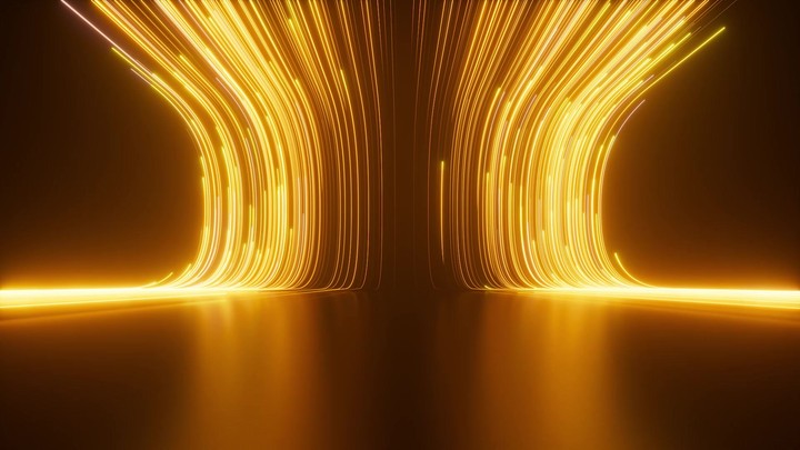 A futuristic visualization of big data flow and information streaming through high-speed optical fiber. Seamless looping 3D animation of glowing golden particles and neon light trails.
