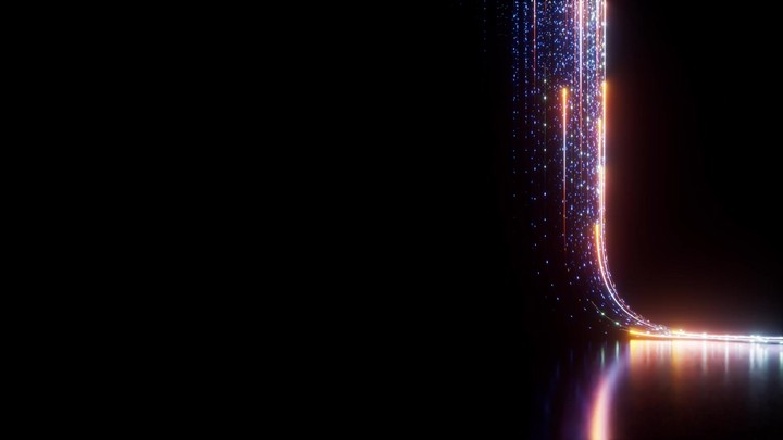 3D animation. Abstract futuristic background. A flow of glowing neon lines, sliding up, sparkling and leaving visible trails in the dark. Blue and gold festive fireworks performance on stage