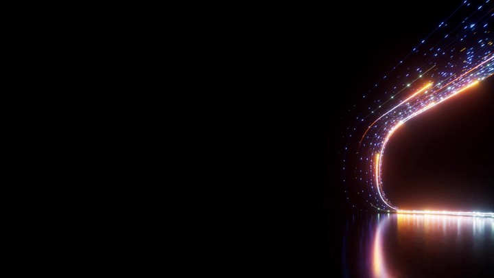 3D animation. Abstract futuristic background. A flow of glowing blue and gold neon lines sliding upwards, sparkling and leaving visible trails in the dark. A festive fireworks display on stage