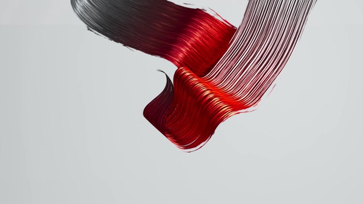 A dynamic red and black brushstroke flies in, creates an elegant abstract shape, and fades away. Motion, style, and minimalist design. 3D render motion.
