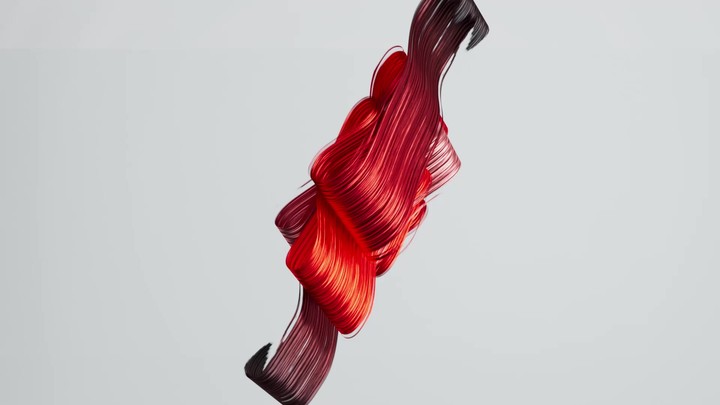 3D motion of a dynamic red and black brushstrokes flying, intertwining, creating an elegant abstract shape, and fades away. Animated artistic minimalist background