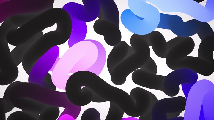 Looping 3D animation. Abstract background. Pink and blue neon lights quickly slide along the tangled, curvy black wires, leaving a gradient trail that fades away. Modern minimalist motion design