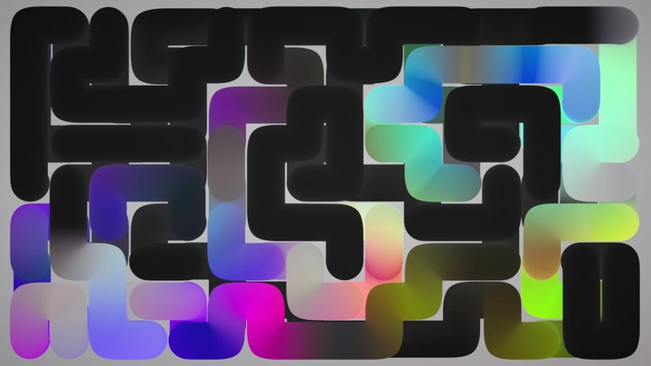 looping 3D animation. Abstract geometric background of multicolored neon lights change colors and slide inside black tubes, forming a volumetric maze. Modern labyrinth wallpaper