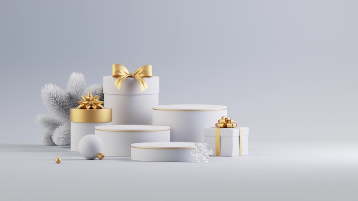 White podiums and gold gift boxes elegantly jump and appear, perfectly arranging in a minimal snowy scene. 3D render animation.