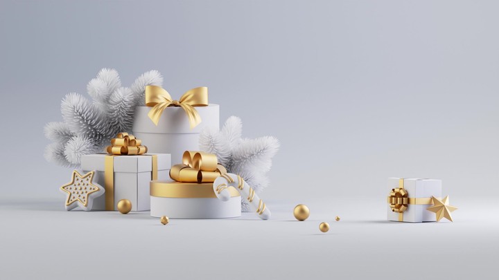 Gifts and podiums pop up and settle into place, surrounded by frosted fir branches and metallic ornaments. 3D render animation.