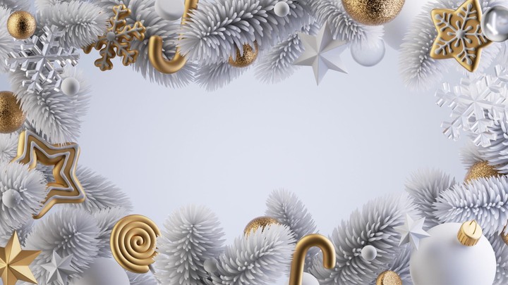 All white and gold decorations burst in and fly outwards, forming an ornate Christmas frame in minimal style. 3D render animation.