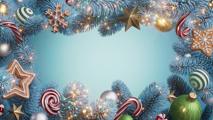 Camera pulls back through a blue fir frame of ornaments, candy canes, and glittering lights, revealing roomy copy space before easing to a stop. 3d render Christmas composition animation.