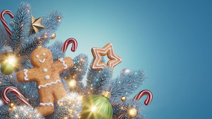 Slow fly‑through past gingerbread, stars, and baubles nestled in blue pine; the camera glides outward and settles on clean space. 3d render Christmas composition animation.