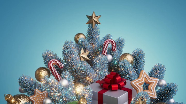 Cinematic drift through a sparkling blue‑fir bouquet with gift box and gold accents, then a gentle stop for titles and logos. 3d render Christmas composition animation.