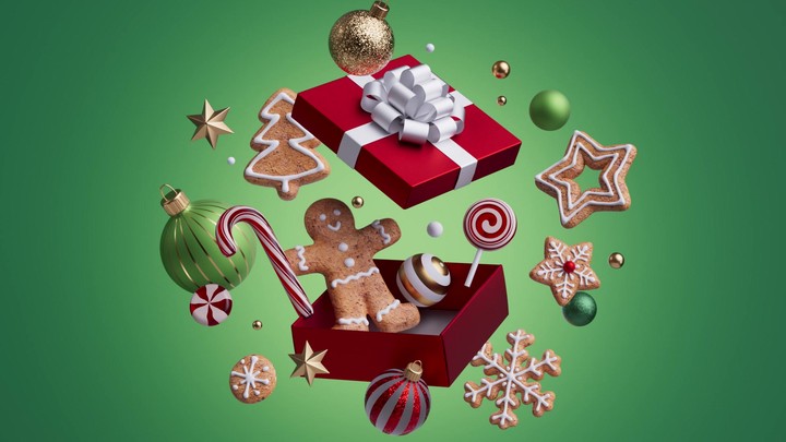 Camera pulls back through flying sweets and ornaments bursting from an open gift box, then eases to a stop on clean space. 3d render Christmas composition animation.