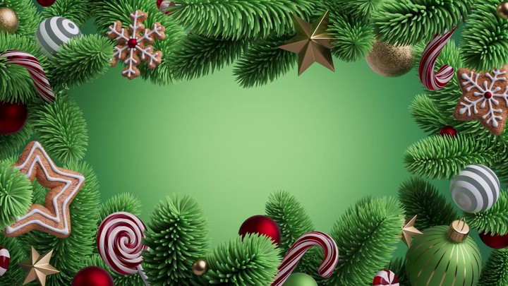 Glide backward across a lush pine frame with cookies, stars, and baubles, revealing generous copy space and settling smoothly. 3d render Christmas composition animation.
