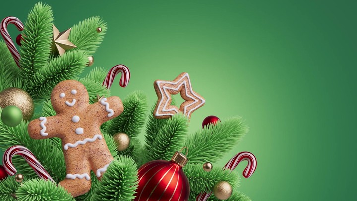 Slow pull‑back past gingerbread and glossy baubles nestled in spruce branches; the move finishes on a calm empty center. 3d render Christmas composition animation.