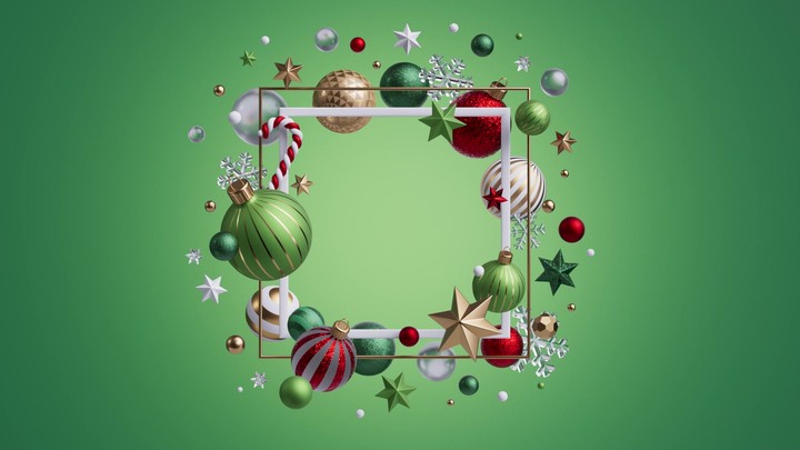 Ornaments form a festive square on green; the camera drifts back through the frame and rests on open space for titles. 3d render Christmas composition animation.