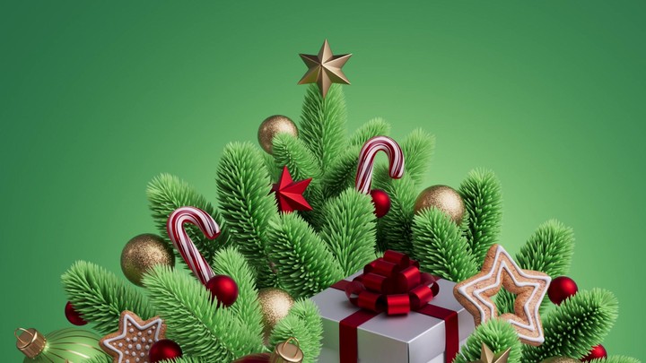Evergreen bouquet with gift and stars fills the foreground as the camera glides away and pauses for a festive header. 3d render Christmas composition animation.