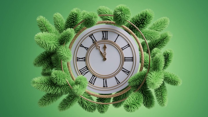 Classic New Year clock in a wreath; the shot retreats through spruce needles and settles, ready for countdown titles. 3d render Christmas composition animation.