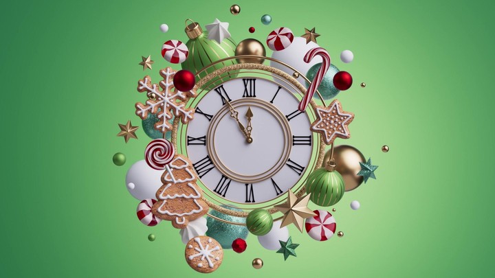 Festive clock surrounded by sweets and baubles; the camera backs out through the composition and comes to a gentle stop. 3d render Christmas composition animation.