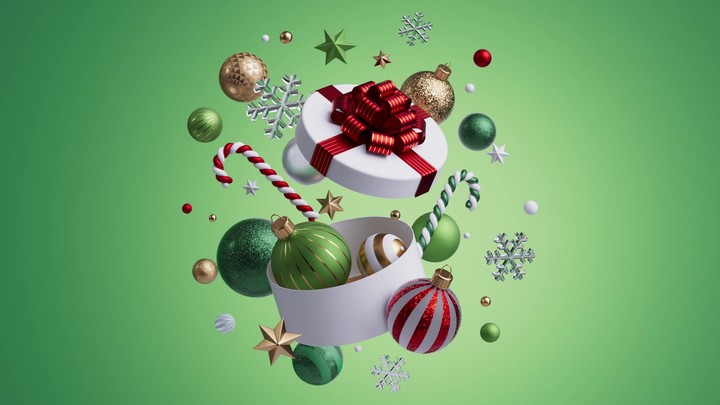 Gift and glossy ornaments spin lightly as the camera pulls back across a green scene and eases to rest. 3d render Christmas composition animation.