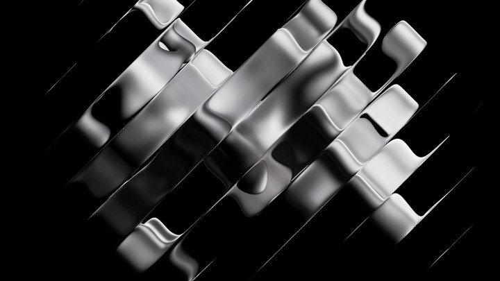 Abstract animated 3D metallic stripes rippling across a black background, silver foil ribbons, fluted chrome blinds, cycled animation