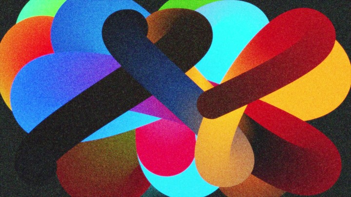 Intertwined rainbow tubes and spots create lively motion. Playful animated curves sweep across the frame. 3D render animation.