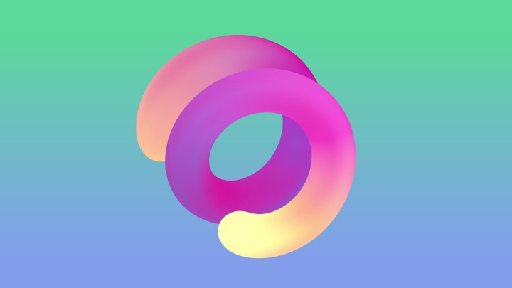 looped 3d animation of yellow pink geometric spiral shape spinning over the blue green gradient background