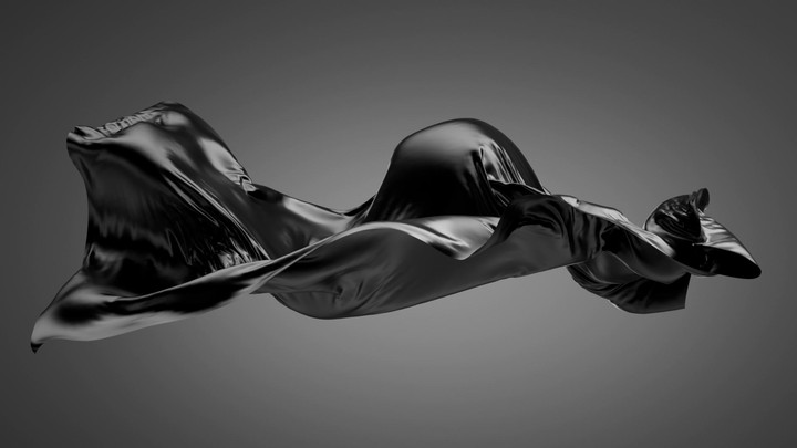 3d animation. Black silk drapery levitating in the darkness, illuminated by dramatic light. A piece of fabric is blown away by the wind