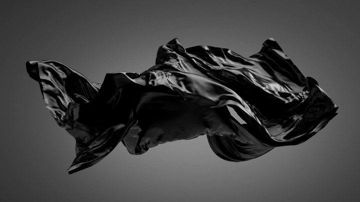 3d animation. Silky drapery levitating in the darkness, illuminated with contrast dramatic light. Waving glossy black film isolated on grey background
