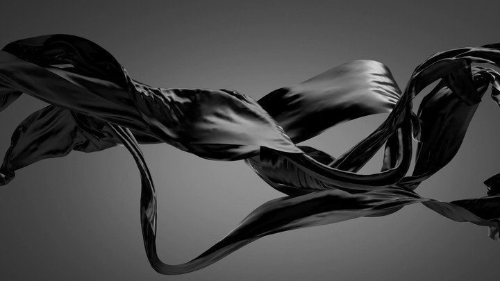 3d animation. Black textile cloth levitating in the darkness, illuminated by dramatic light. Minimalist background with waving drapery