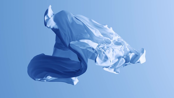 3D animation, motion design. Abstract animated background of waving cloth in shades of blue. Silk sheets sway in turbulent air currents, twisting and floating