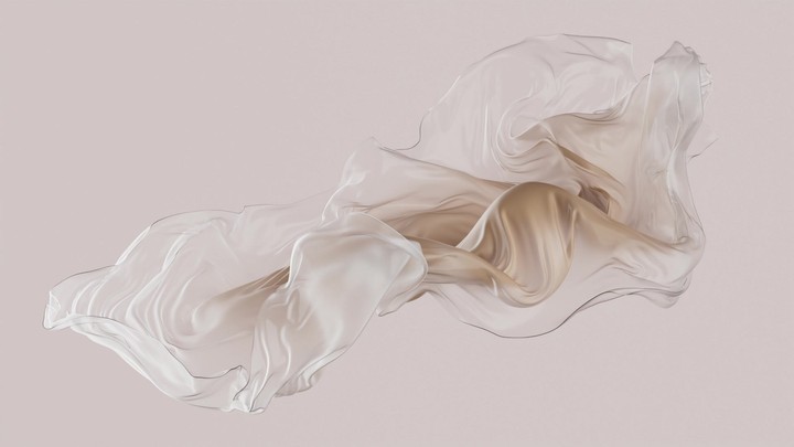 3d animation, levitating beige film isolated on neutral background. Minimalist concept. Delicate elastic translucent cloth