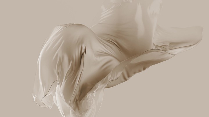 animated minimalist 3d background, translucent beige film undulates in slow motion, isolated on neutral background. Fantastic substance. Elastic silicone layer or futuristic material