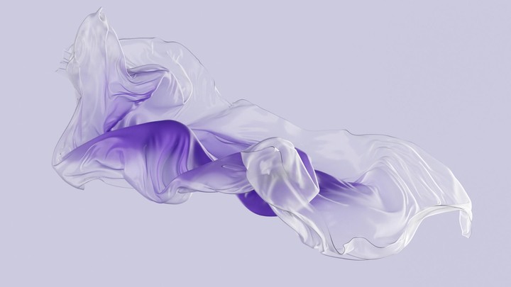 animated minimalist 3d background, violet translucent film flutters, isolated on neutral background, cosmetic peel-off mask. Fantastic substance. Elastic silicone layer or futuristic material