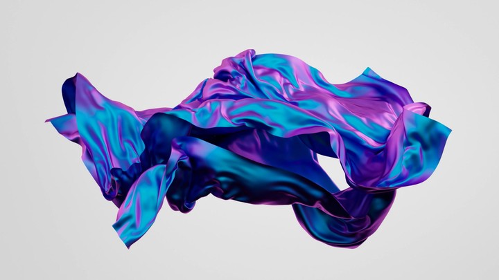 3d animation. Abstract minimalist fashion concept. Iridescent multicolored ultraviolet drapery floating and waving over a white background. Silk textile with holographic foil effect is levitating