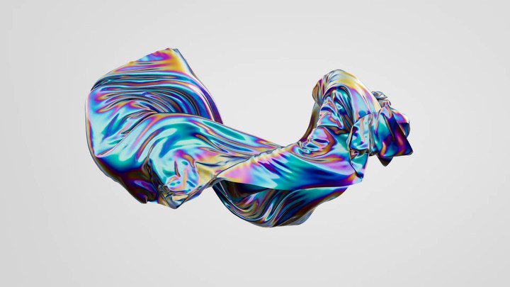 3d animation. Abstract minimalist fashion concept. Iridescent holographic cloth waving, isolated on a white background. Metallic foil film is floating in the air