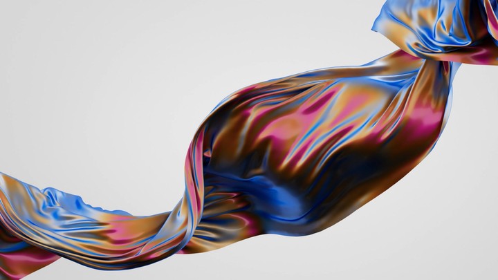 3d animation. Abstract minimalist fashion concept. Iridescent holographic cloth waving, isolated on a white background. Metallic foil film is floating in the air