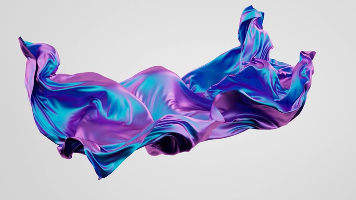 3d animation. Abstract minimalist fashion concept. Iridescent ultraviolet textile waving, isolated on a white background. Silk cloth with holographic foil effect is levitating on air