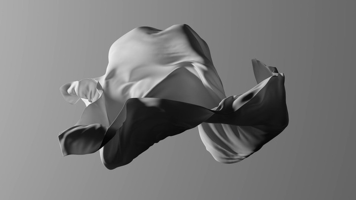 Abstract 3D animation. White fabric floats, isolated on plain background. Elegant cloth flutters in slow motion