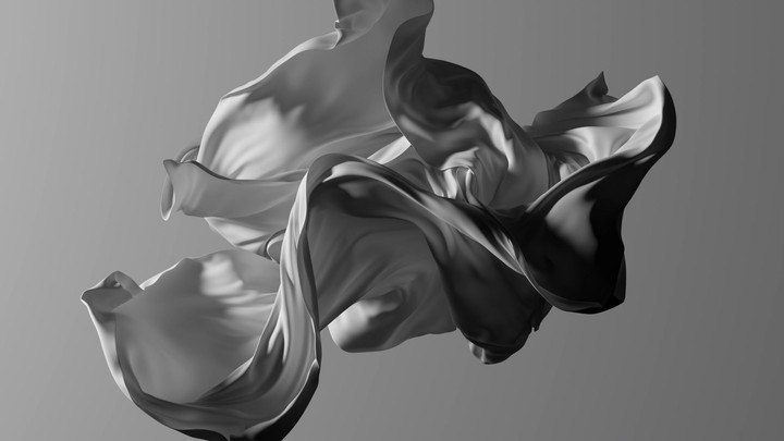 Realistic 3D animation. Minimalist aesthetic background. White fabric waves in the air. Elegant silk cloth flutters in the wind