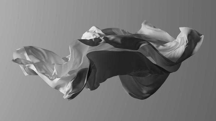 Abstract 3D animation. White cloth floats, isolated on plain background. Elegant drapery flutters in slow motion